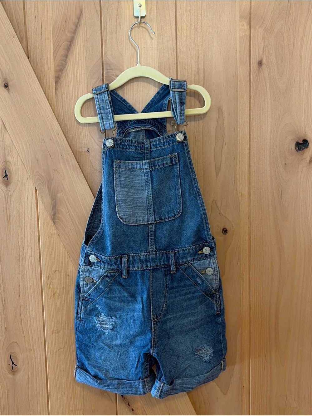 GAP Girls Patchwork Bib Front Overall Shorts Classic Blue Jean Denim Size Medium